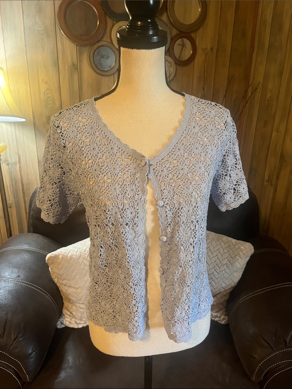 April Cornell Crochet Lace Cardigan in Light Lavender Button Front Short Sleeve